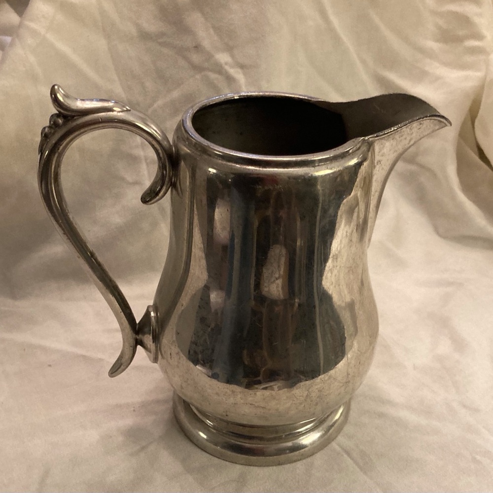 Vintage pewter pitcher, large graceful handle pour spout, marked F H Pewter Co.